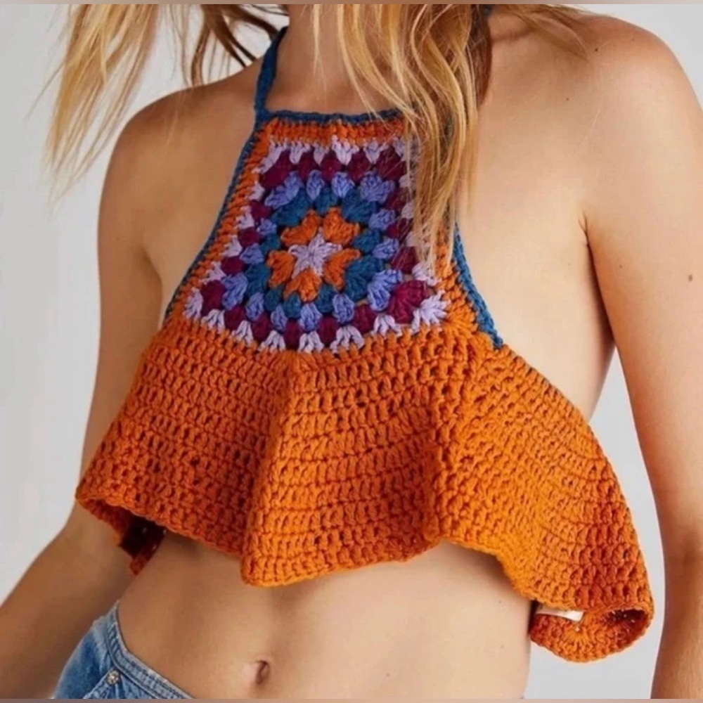 NEW FREE PEOPLE - Multicolored Crochet Crop Top with Diamond Cut in Size Small